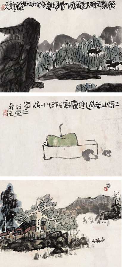陈子庄 山水 镜心（八开选三）